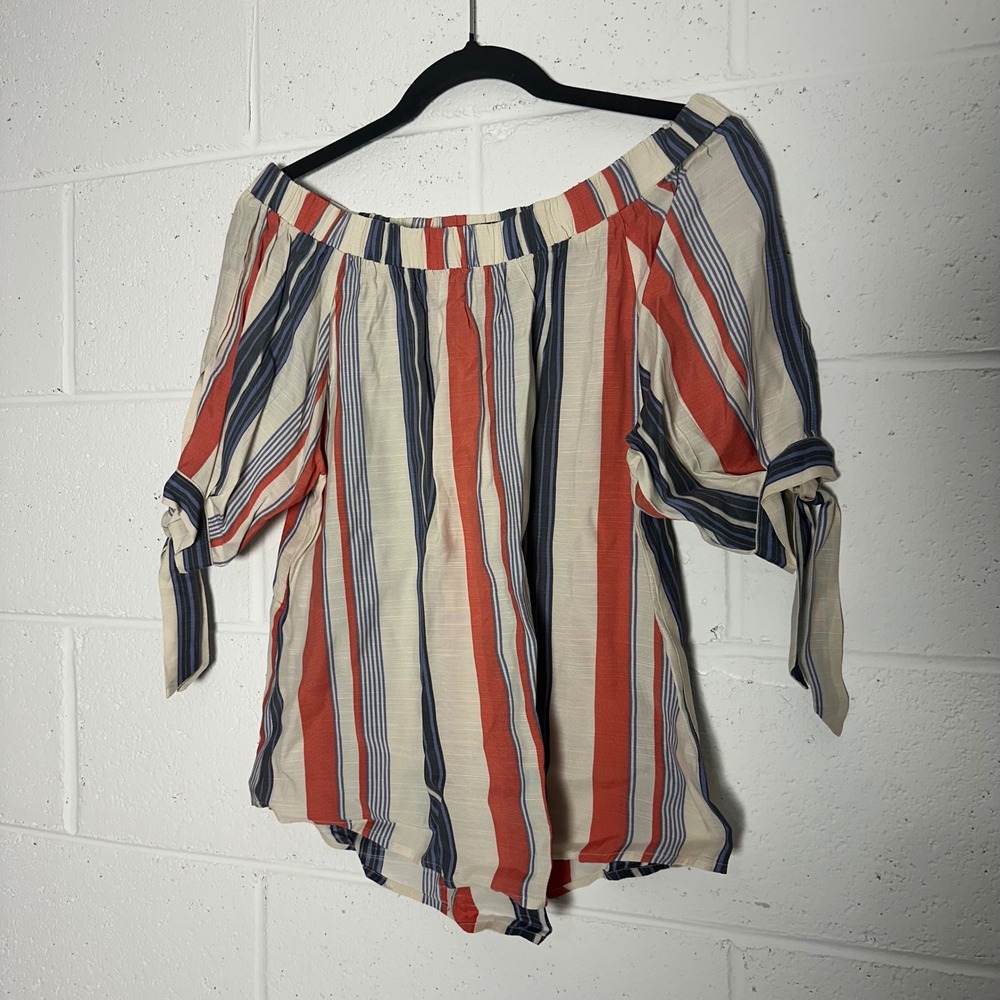 THML Womens Small Red Navy Blue Striped Off The Shoulder Tie Sleeve‎ Top Blouse